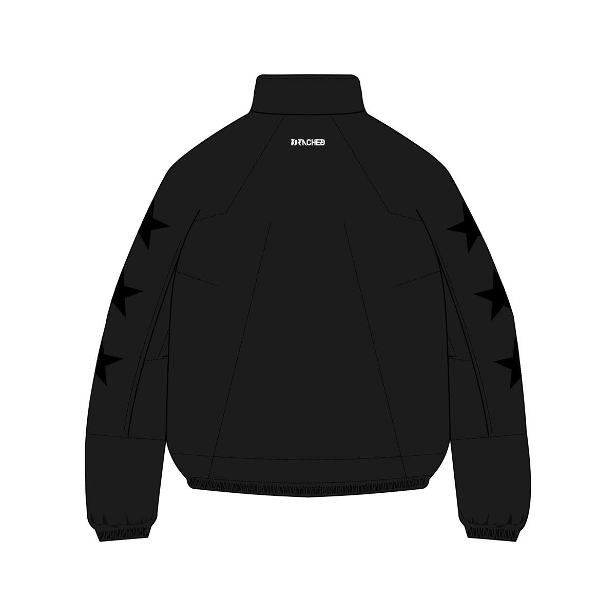 DTACHED Star Track Jacket in black, back view, DTACHED logo at the neck and stars down the sleeves